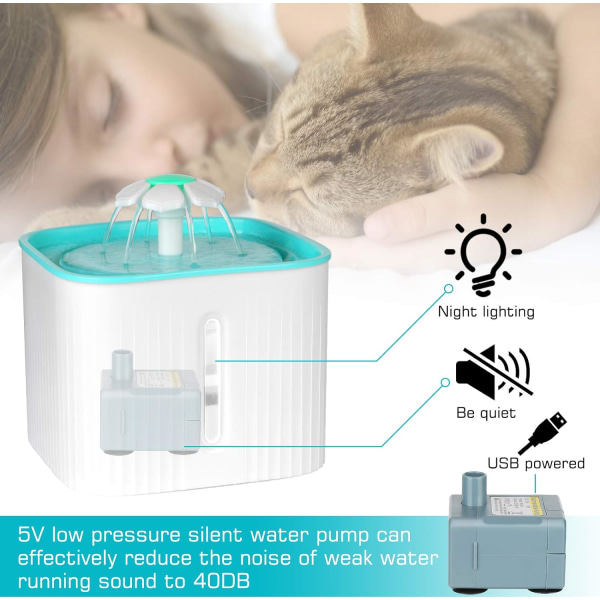 Ultratyst kattfontän med vattennivåfönster och LED-ljus