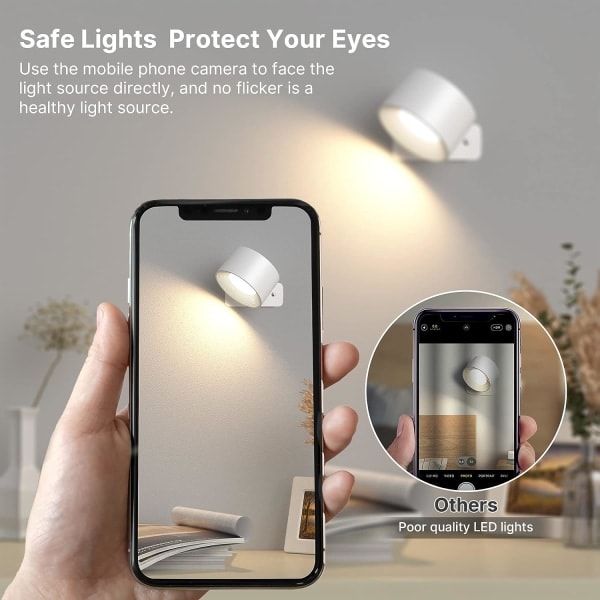 Vägglampa för inomhusbruk, vägglampa med USB-laddning, 3 färger och 3 nivåer LED inomhus 360° roterbar touchkontroll trådlösa vägglampor