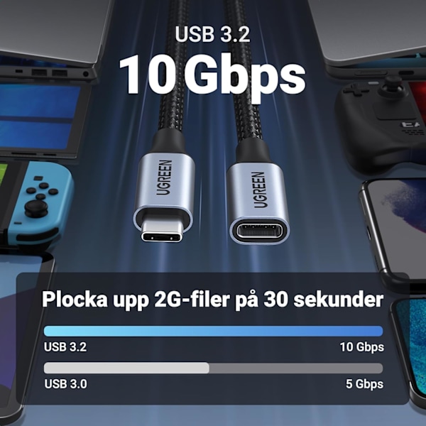 USB C -jatkokaapeli 10 Gbps USB 3.2, USB-C -jatkokaapeli 100 W/4K 60 Hz yhteensopiva. (Harmaa, 1 m)