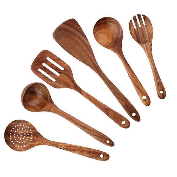 Set med 6 träköksredskap, repor och värmebeständiga