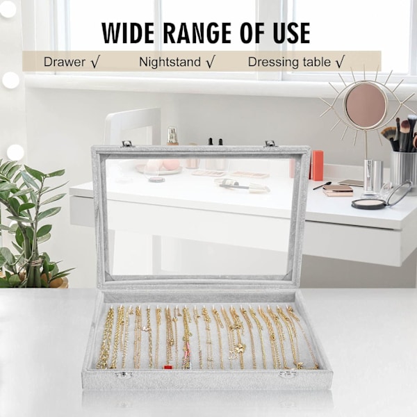 Halsbandshållare Premium 20 Krokar Halsband Display Smyckeskrin med Transparent Lock Smycken Halsband Display Box (Grå)