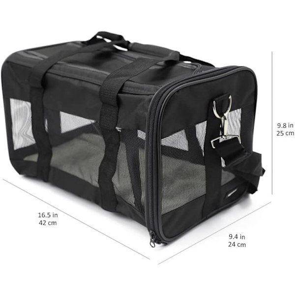 Dyretransporttaske med bløde sider til hund, kat, sort, medium, 42 cm L x 24 cm B x 25 cm H