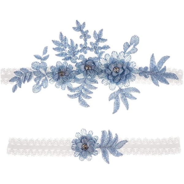 2 delar elastiska strumpeband med strass blomspets Blå