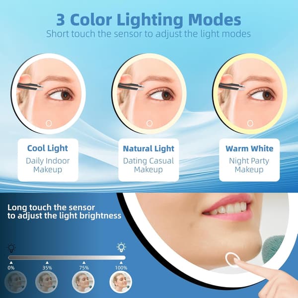 30x Forstørrelsesspejl med Lys, 10 cm LED Makeup Spejl med 3 Sugekopper