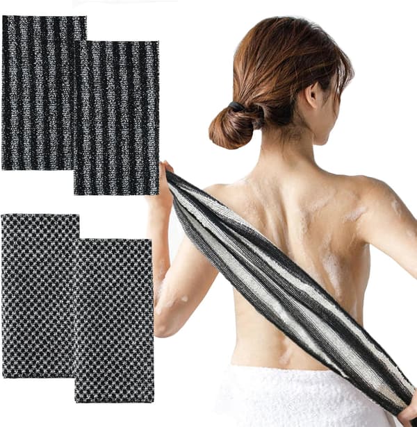 Blissal Eksfolierende Brusebadshåndklæde til Mænd & Kvinder, Sort Sæt[JUN] 4 Pcs black Set