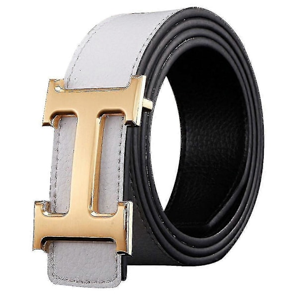 Herre PU Læder Litchi Korn Bælte, Business Fritid H Spænde Design (FMY) White   Golden