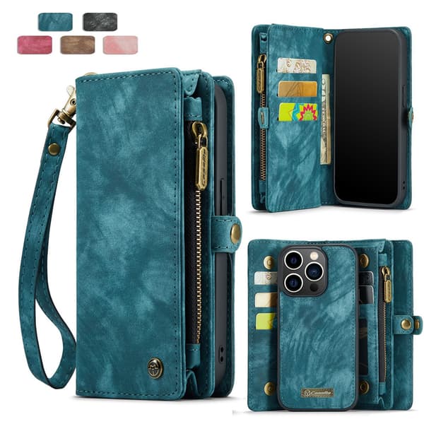 Retro Magnetisk Læder Wallet Case til iPhone 16 & Samsung med Kortholder[JUN] Blue iPhone16Pro