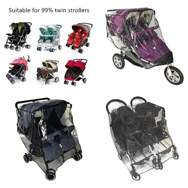 Universellt regnskydd för tvillingvagn, sid-vid-sid, transparent PVC damm- och vindskydd för dubbel barnvagn
