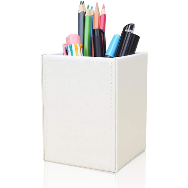 PU Leather Square Pens Pencils Holder Cup Desktop Stationery Organizer Case Office Accessories Container Box (White)