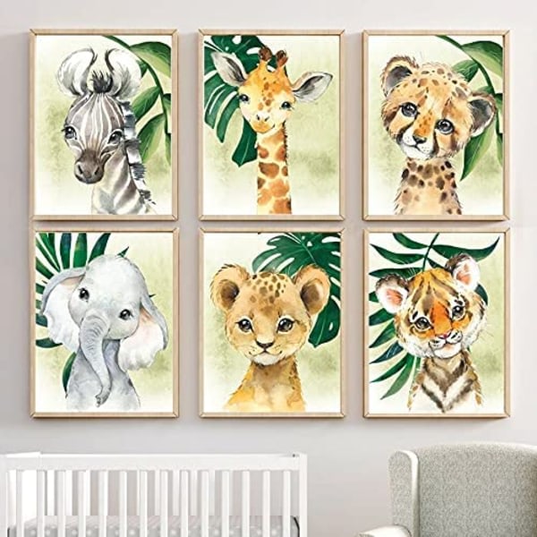 Little Baby Akvarell Animal Jungle Safari Prints Set om 6