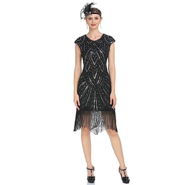 Vintage Charleston-mekot 1920-luvulta naisille, kristallikoristeiset ja helmikirjaillut, hapsullinen Great Gatsby -mekko, musta musta musta Black XL