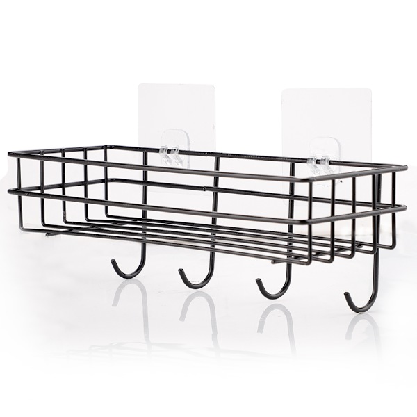 Ingen boring Badrumshylde, Håndklædeafdrypningsstativ til Kosmetik, Væghængte Køkkenhylder med Krog / Sort / 28 x 10,5 Cm