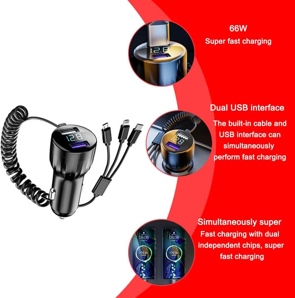 100W 3-Port USB Billaddare med Kabel, Snabbladdning för Android & iPhone[JUN]