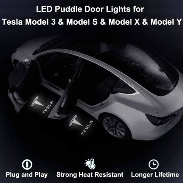 4 stk. Tesla bildørlampe, LED bildørlogolampe, bildørsprojektor til Tesla Model 3, Model S, Model X, Model Y