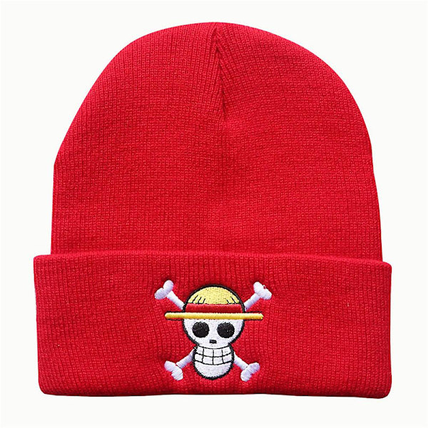 One Piece Anime Tema Pirat Monkey D. Luffy Mønster Beanie Hat For Herr Kvinnor Unisex Vinter Varm Mansjett Cap Myk Stretch Strikket Beanies Red