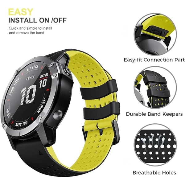 Quickfit 26 mm silikon myk sportsvanntett pustende armbånd for Garmin Fenix 5X Plus, Fenix 6X Pro/safir, Enduro, Tactix Bravo Svartgul