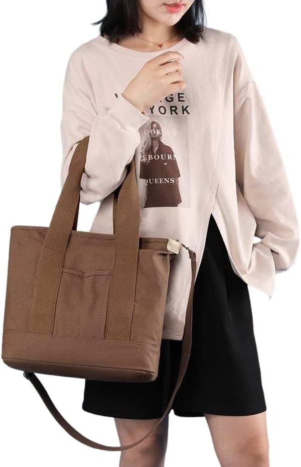 Multi-Pocket Canvas Tote Taske med Lynlås, Dame Satchel til Arbejde & Rejser[JUN] Coffee - Medium