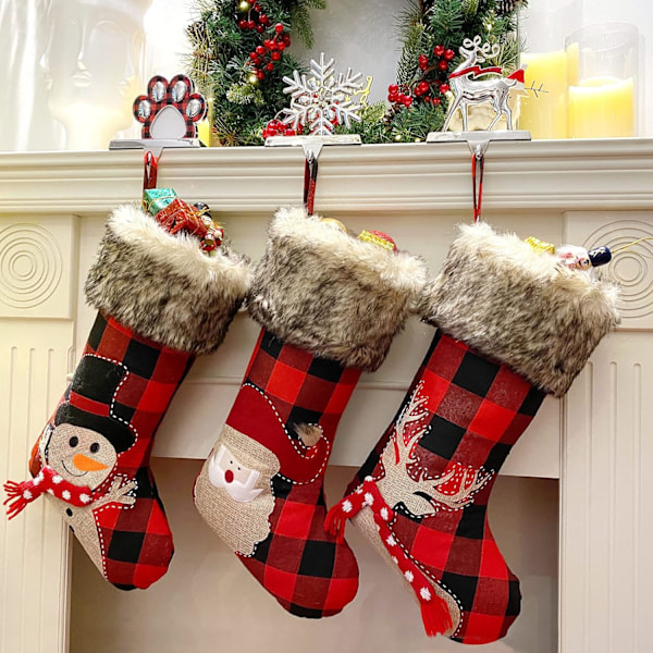 Set of 3 18" Red and Black Buffalo Plaid Kids Christmas Stockings, Farmhouse Christmas Stockings with Plush Faux Fur Cuffs