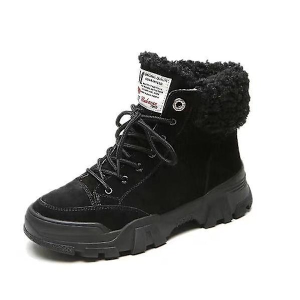 Dames Varm Pels Casual Tyk Sål Snørebånd Vinterstøvler SORT BLACK 6