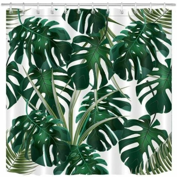 180X200Cm dusjforheng Mørkegrønt Monstera-blad Vanntett muggsikkert hvitt polyester baderomsgardiner