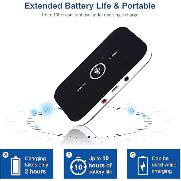 Bluetooth 5.0 Sender Mottaker, 2-i-1 Trådløs Bærbar Stereo Audio Adapter Mottaker Med RCA/3.5mm Aux Kompatibel Lav Latens HD Lyd