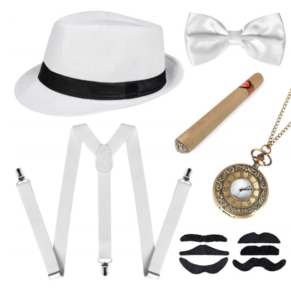 1920-talskläder för män Tillbehör Gangster Flapper Set Great Gatsby kostymsats 20-tal med Trilby-hatt Mustasch Elastiska hängslen Watch för män