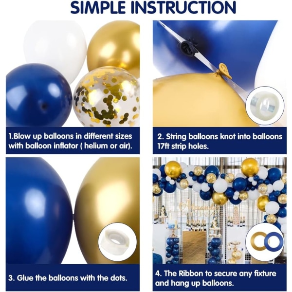Marineblå og guld ballonbue sæt 146 stk. Kongeblå guld hvide balloner til eksamen fødselsdagsfest babyshower dekoration