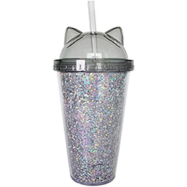 Glitter Plastic Cup Double Layer Cat Ear Water Bottle with S