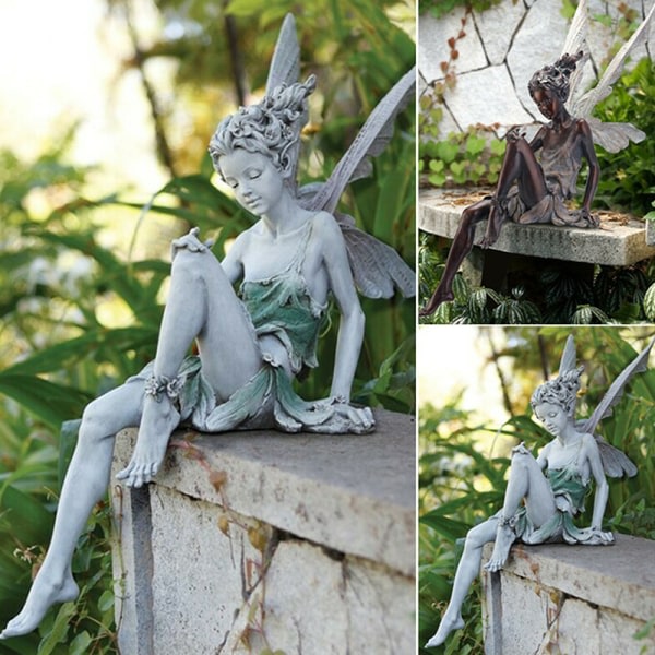 Resin Sitter Fe Staty Trädgård Prydnad Veranda Skulptur Wh