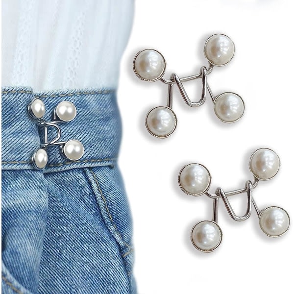 4 jeansknappnålar, justerbara jeansknappar, avtagbara jeansknappnålar, ingen sömnad krävs (stora vita pärlor)