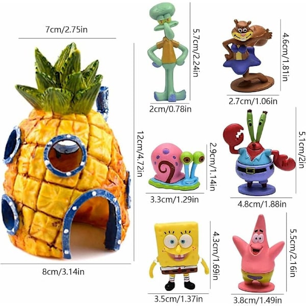Sats med 7 akvariedekorationer, Spongebob Squarepants Akvariumdekor