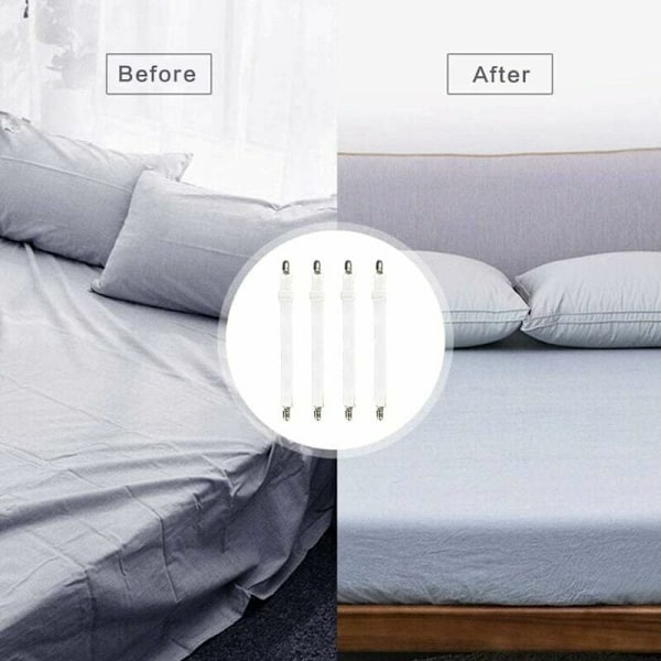Set med 4 sängkläder tillbehör justerbar lakansträckare elastiskt bandfäste, för lakan, soffa, strykbrädsöverdrag - 30cm till 120cm, vit