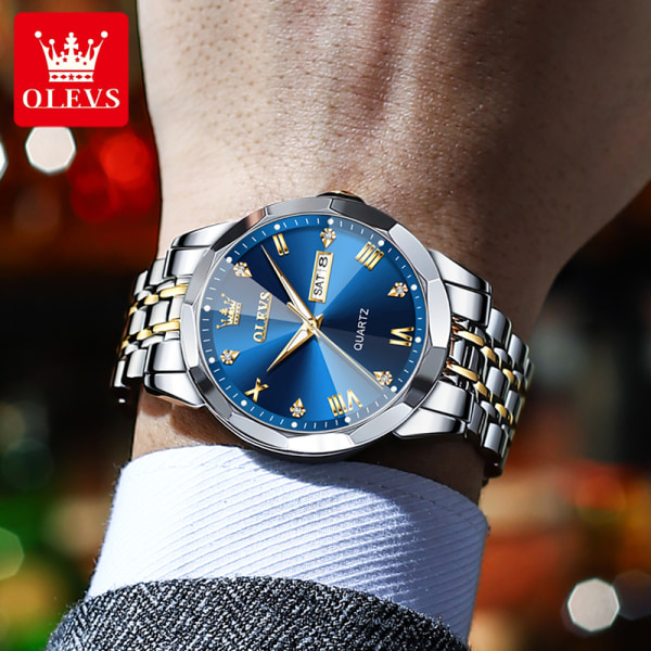 OLEVS klokke kvarts klassisk rustfritt stål diamant luksus armbåndsur business klassisk kvarts analog klokker for menn blue 9931