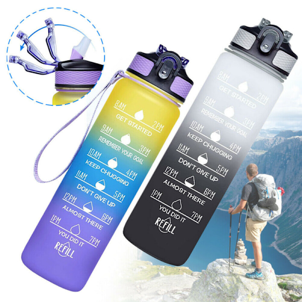 2-pack - 1 l vattenflaska med sugrör och timer Blue-Purple