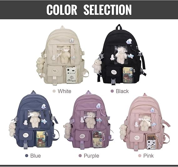 Kawaii Æstetisk Rygsæk til Piger med Pins & Tilbehør[JUN] Black
