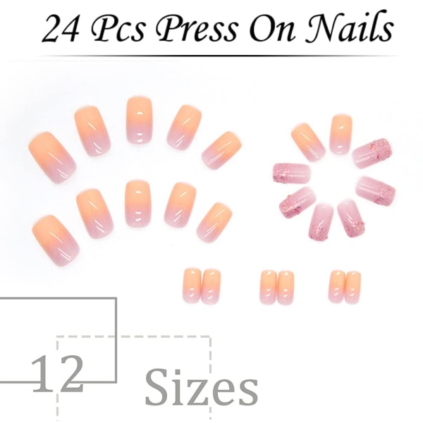 Tryck på naglar Medium Rosa kista Fake Nails Bling Gradient Stic