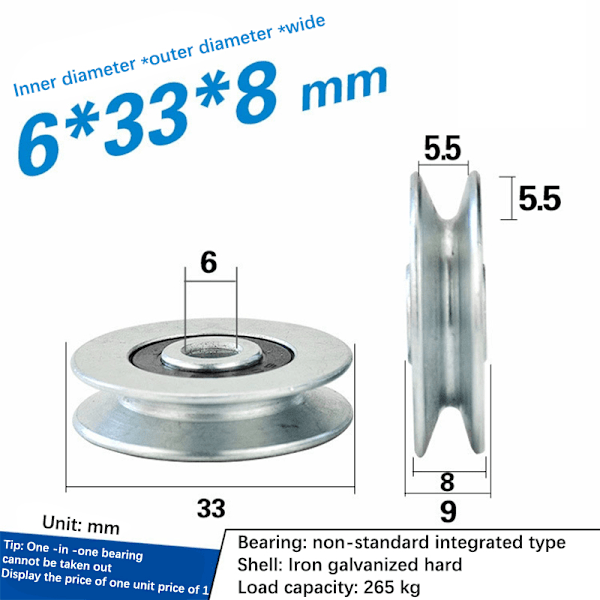 6*33*8mm leje rund remskive stålwire over line løftehjul onesize onesize onesize