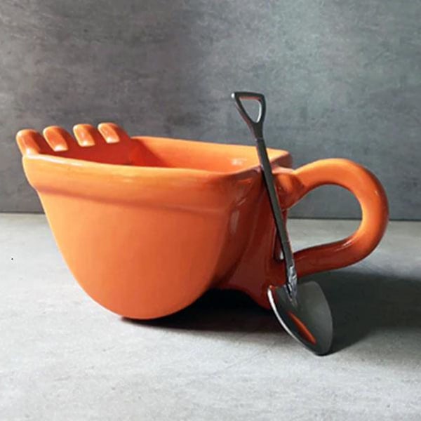 Kaffekopp, Rolig Grävmaskinsskopa Koppskopa med Sked, Kreativ Tekopp för Mjölk och Kaffe, Perfekt Present till Alla Hjärtans Dag, Födelsedag eller Jul Orange