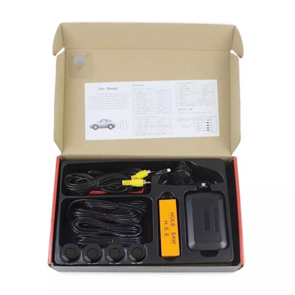 4 parkeringssensorer, summer, 12V kontrollpanel - kit svart