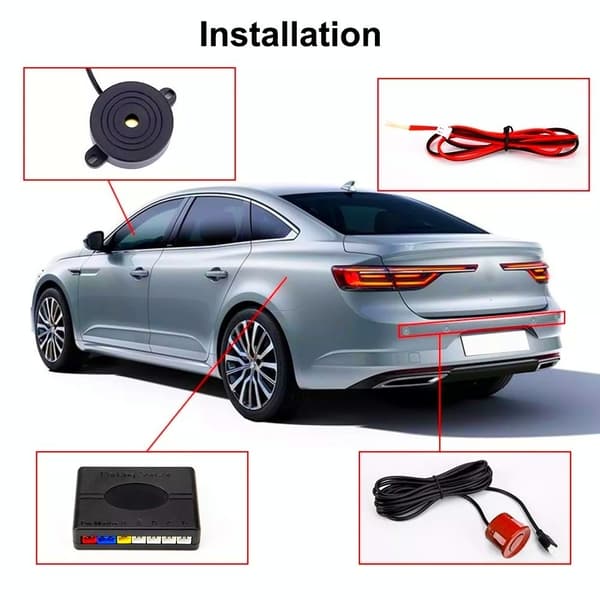 4 parkeringssensorer, summer, 12V kontrollpanel - kit Röd
