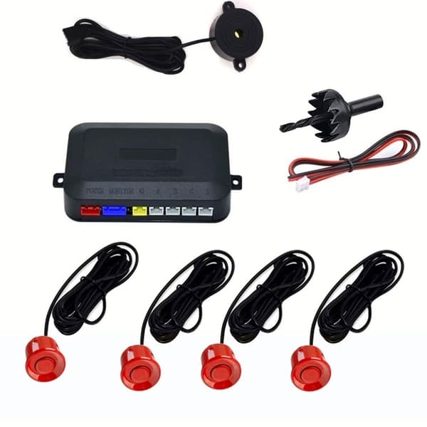 4 parkeringssensorer, summer, 12V kontrollpanel - kit Röd