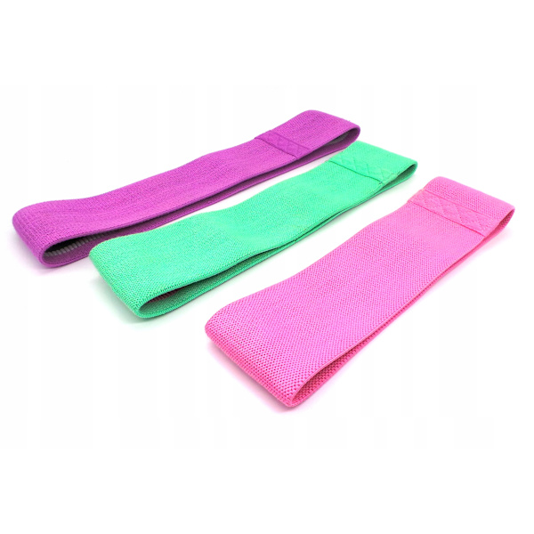 Set med 3 träningsband av gummimotståndsmaterial, lila, rosa, grön