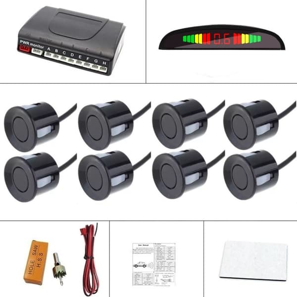 8 parkeringssensorer, 4 fram - 4 bak, display, 12V kontrollpanel - kit