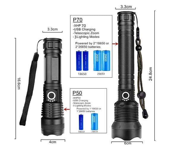 Tehokas LED taktinen taskulamppu 10000lm 600m USB-C sarja