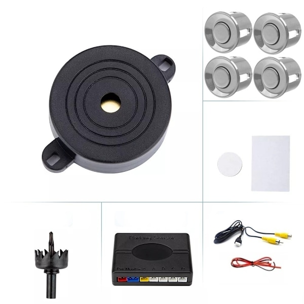 4 parkeringssensorer, summer, 12V kontrollpanel - kit Grå