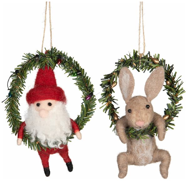 Ulldjur Tomte Kanin med Krans - julpynt
