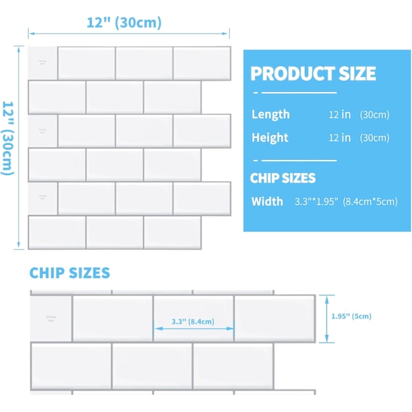 12\" x 12\" Självhäftande Kakelplattor i Tunnelbanestil, Blank Vit Självhäftande Väggplattor för Kök och Badrum, 1 Förpackning 1pcs