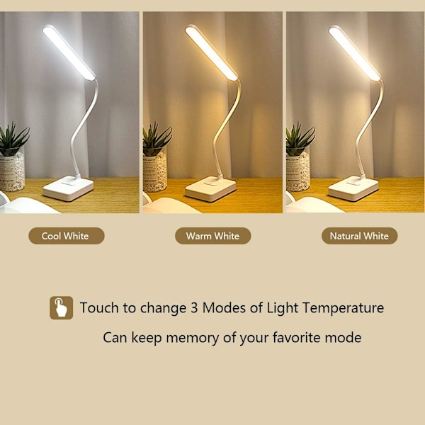 LED Skrivbordslampa USB Uppladdningsbar 2000mah, Touchkontroll 3 Färger 6 Ljusstyrkor Dimbar, Portabel Bordslampa för Läsa Studera Boklampa Sovrum
