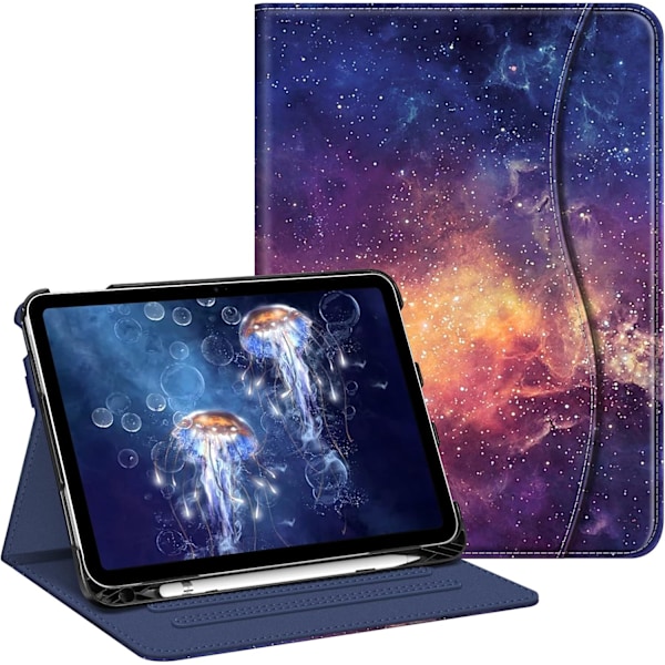 Kotelo, yhteensopiva iPad 10. sukupolven (2022) 10,9 tuuman kanssa, suojakotelo monikulmaisella katselutelineellä, kynätelineellä ja taskulla night sky