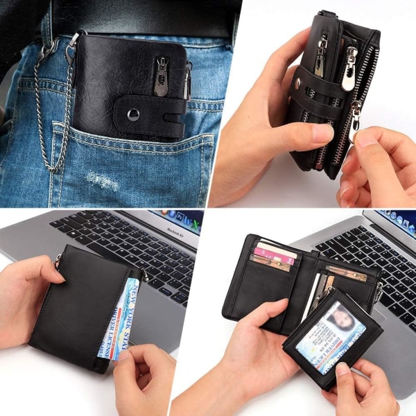 Lommebok for menn med kjedeblokkering Lommebok i ekte skinn for menn Bifold-lommebok med kredittkortholder og myntlomme med glidelås Julegave